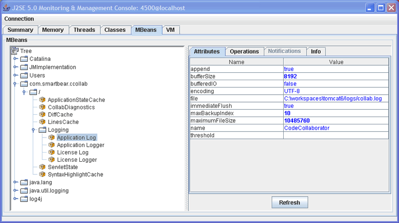 Editing the Application Log Configuration in jconsole