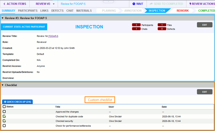 Checklists on the review screen