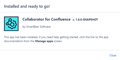 Success installation popup for Confluence plugin