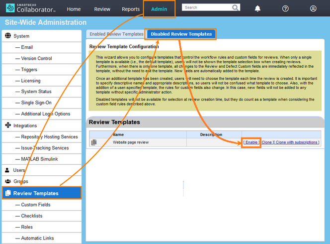 Enabling a review template