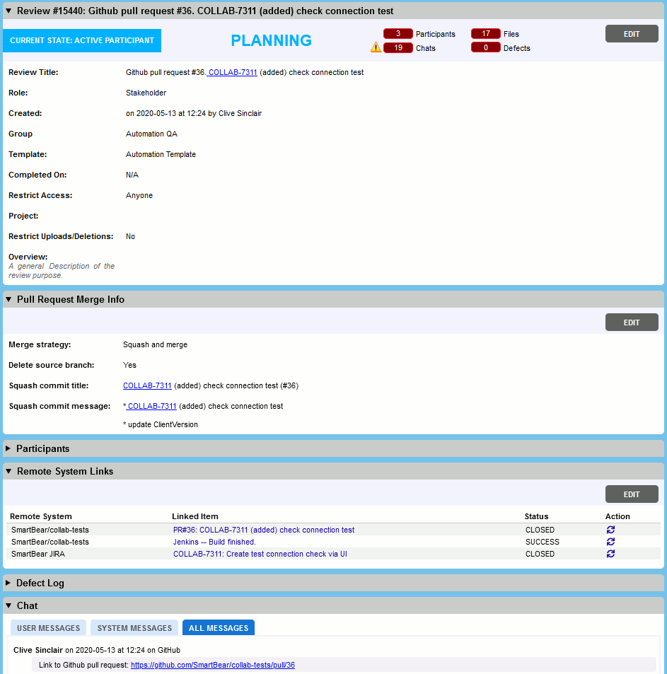 An example of review created on changes in GitHub repository
