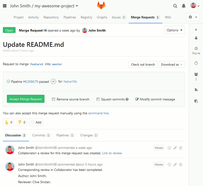 An example of merge request in a GitLab repository