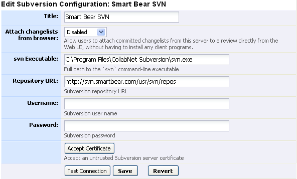 Subversion Version Control Server entry