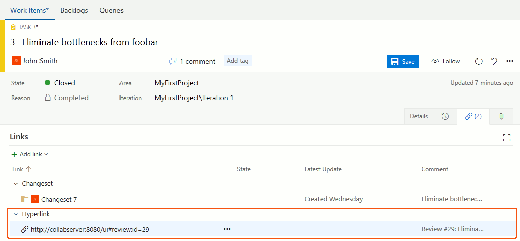 &nbsp;Team Foundation Server work item with link to review