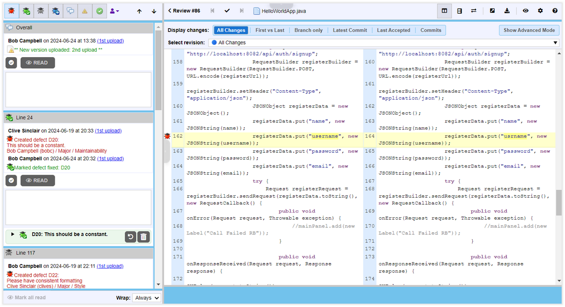 The appearance of the Diff Viewer when reviewing source code files
